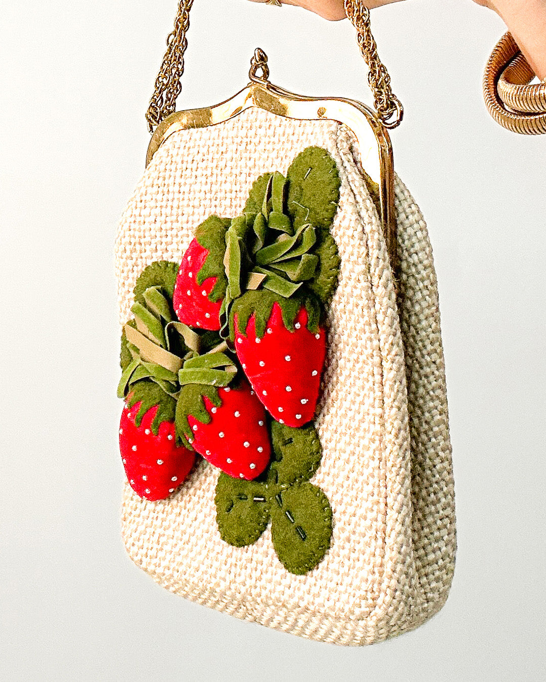 Charming 1950s Felted Strawberry Handbag with Velvet & Pearls