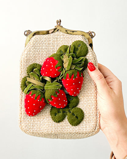 Charming 1950s Felted Strawberry Handbag with Velvet & Pearls