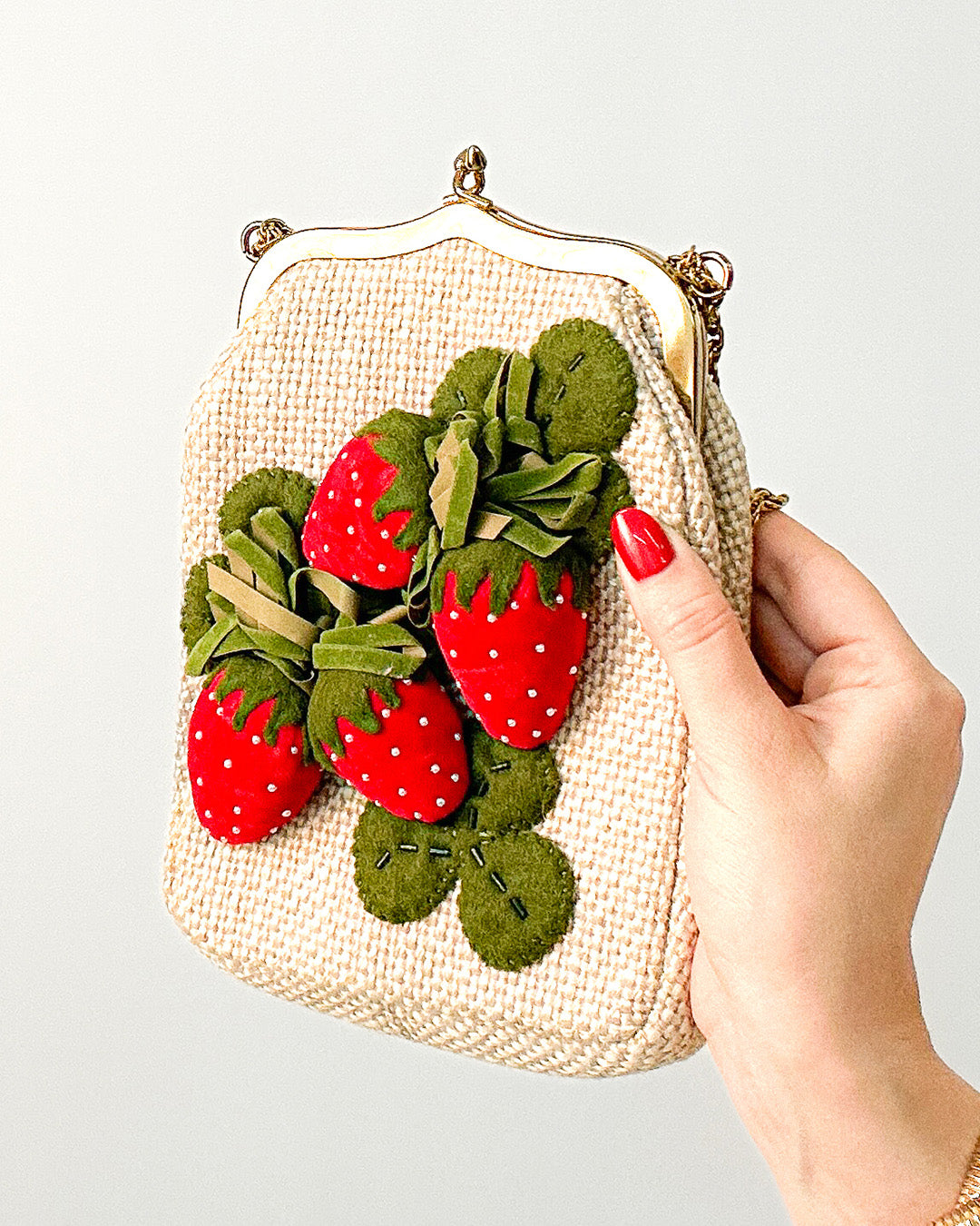 Charming 1950s Felted Strawberry Handbag with Velvet & Pearls