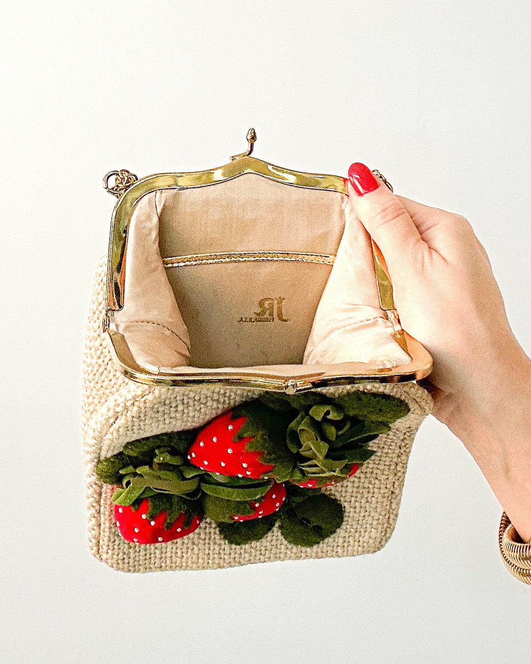 Charming 1950s Felted Strawberry Handbag with Velvet & Pearls