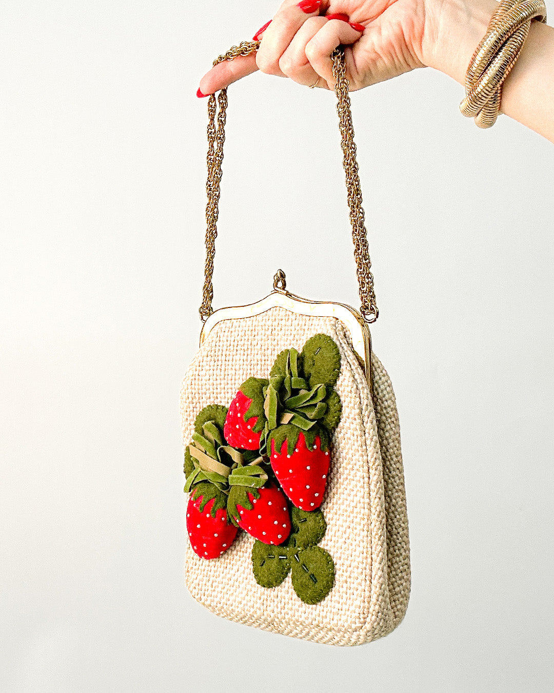 Charming 1950s Felted Strawberry Handbag with Velvet & Pearls