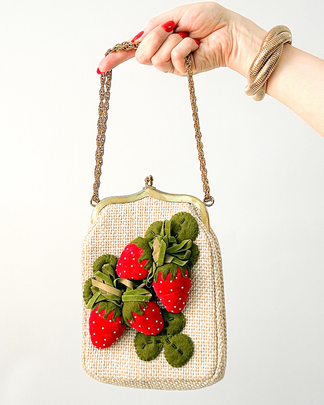 Charming 1950s Felted Strawberry Handbag with Velvet & Pearls