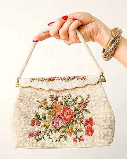 Elegant 1950s White Beaded Evening Bag with Petit Point Florals