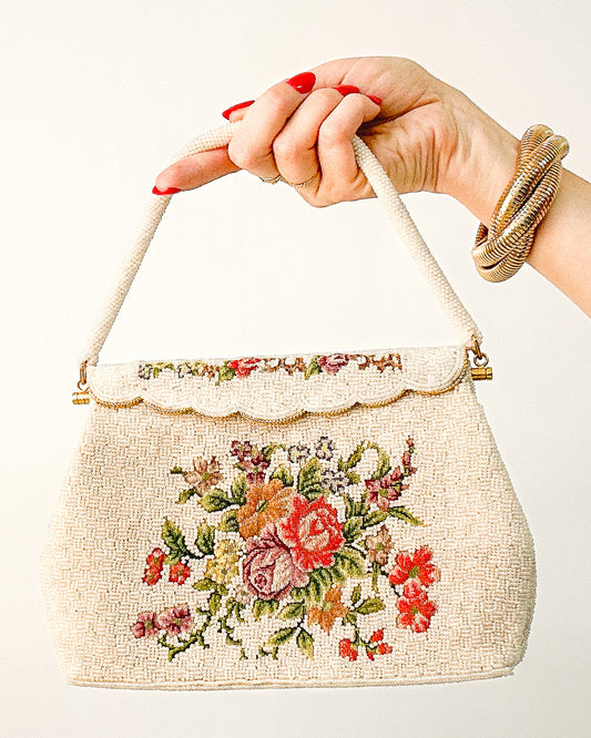 Elegant 1950s White Beaded Evening Bag with Petit Point Florals