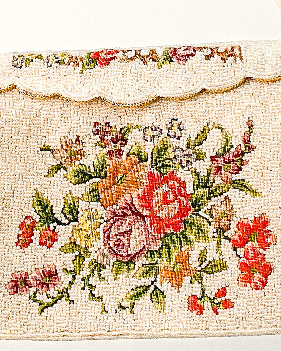 Elegant 1950s White Beaded Evening Bag with Petit Point Florals