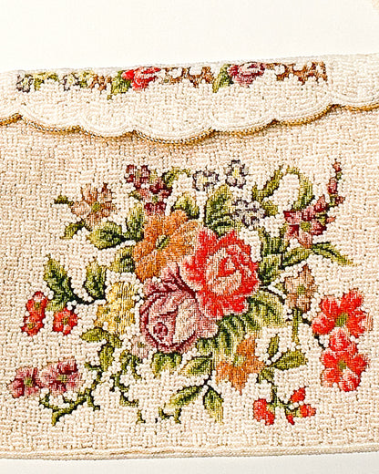 Elegant 1950s White Beaded Evening Bag with Petit Point Florals