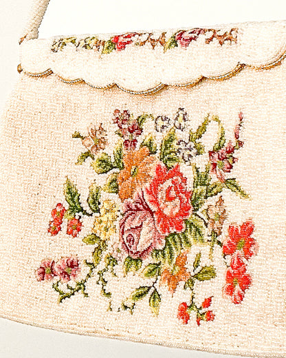 Elegant 1950s White Beaded Evening Bag with Petit Point Florals