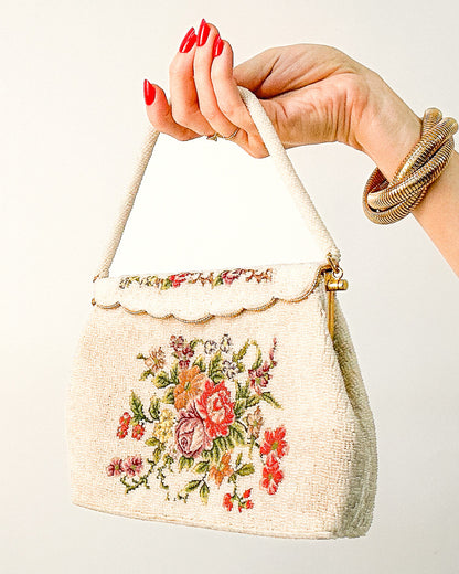 Elegant 1950s White Beaded Evening Bag with Petit Point Florals
