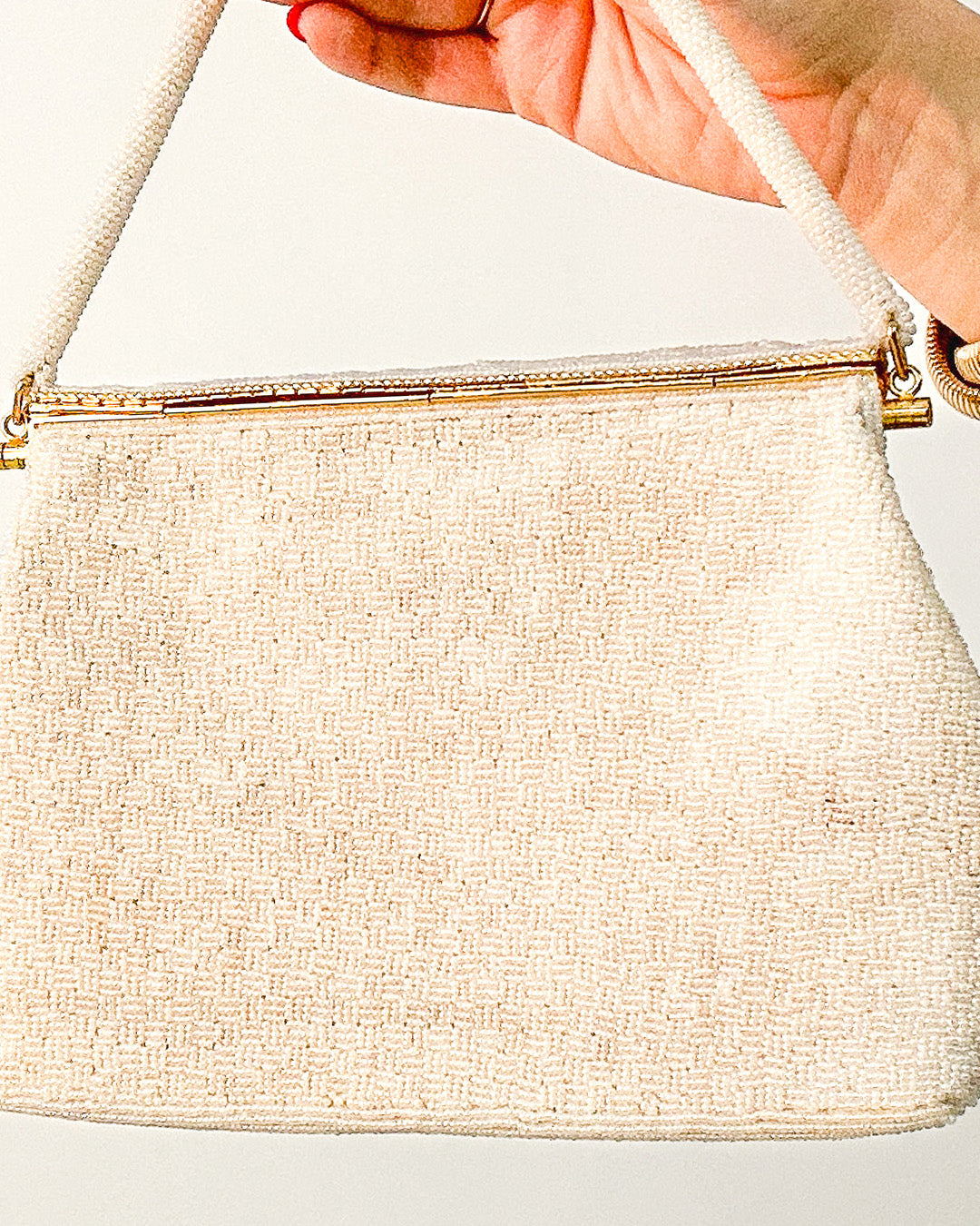 Elegant 1950s White Beaded Evening Bag with Petit Point Florals