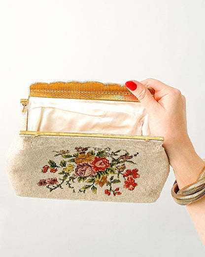 Elegant 1950s White Beaded Evening Bag with Petit Point Florals