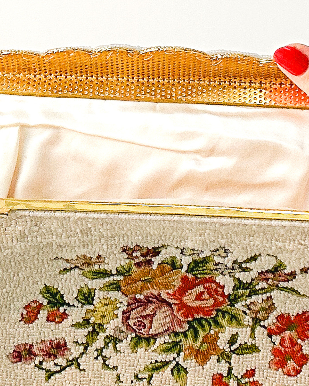 Elegant 1950s White Beaded Evening Bag with Petit Point Florals