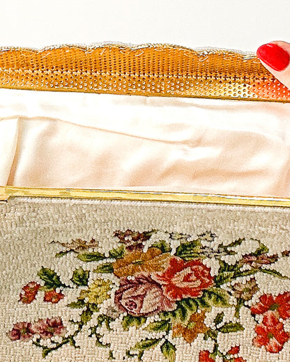 Elegant 1950s White Beaded Evening Bag with Petit Point Florals
