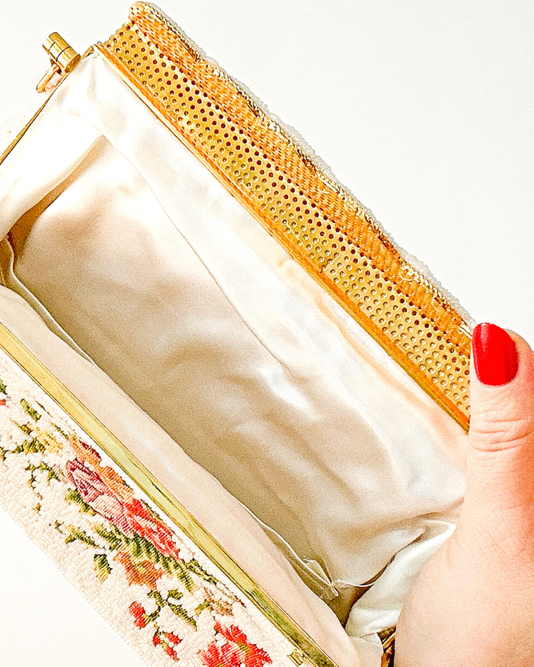 Elegant 1950s White Beaded Evening Bag with Petit Point Florals