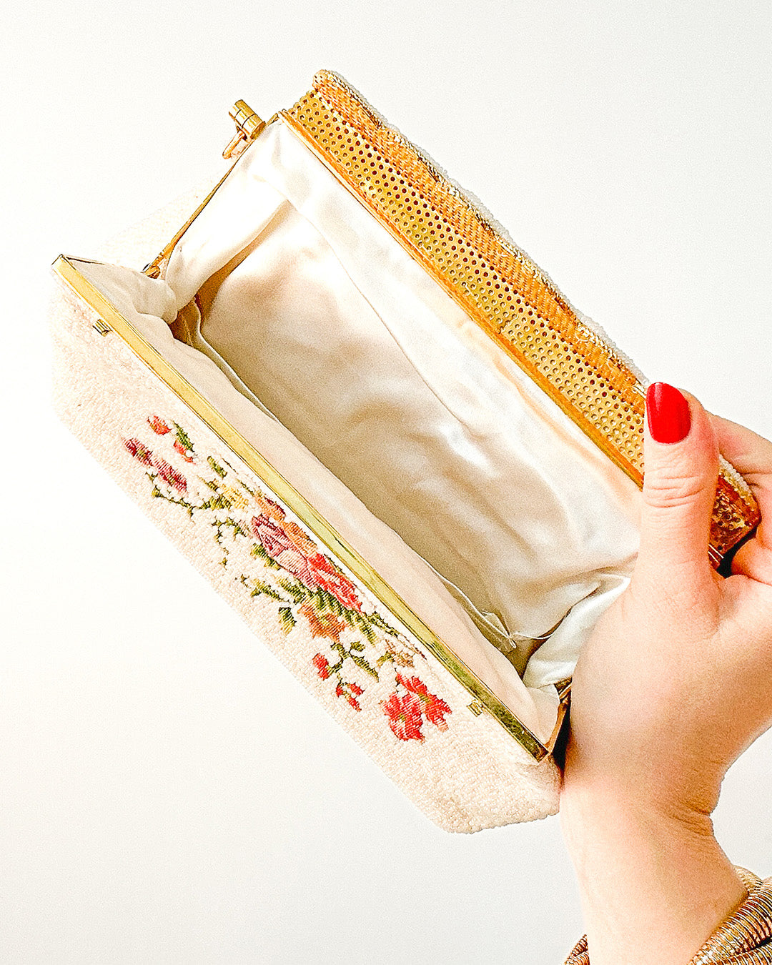Elegant 1950s White Beaded Evening Bag with Petit Point Florals