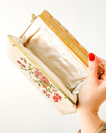 Elegant 1950s White Beaded Evening Bag with Petit Point Florals