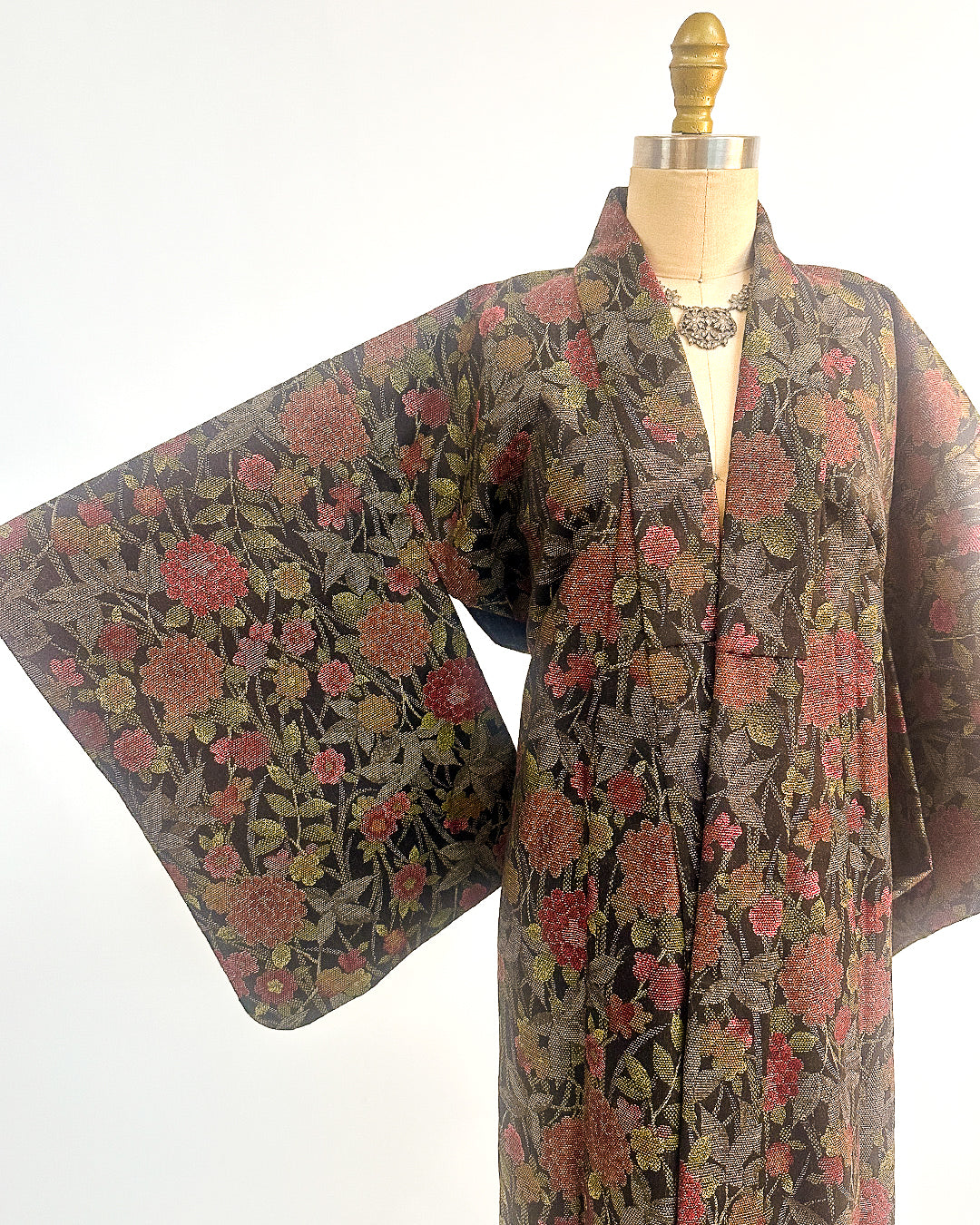 Romantic Vintage Kimono with Fall Leaves and Chrysanthemums / One Size