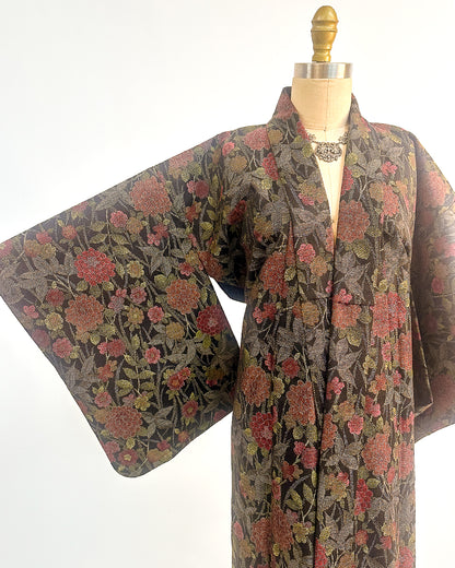 Romantic Vintage Kimono with Fall Leaves and Chrysanthemums / One Size