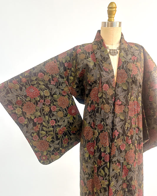 Romantic Vintage Kimono with Fall Leaves and Chrysanthemums / One Size