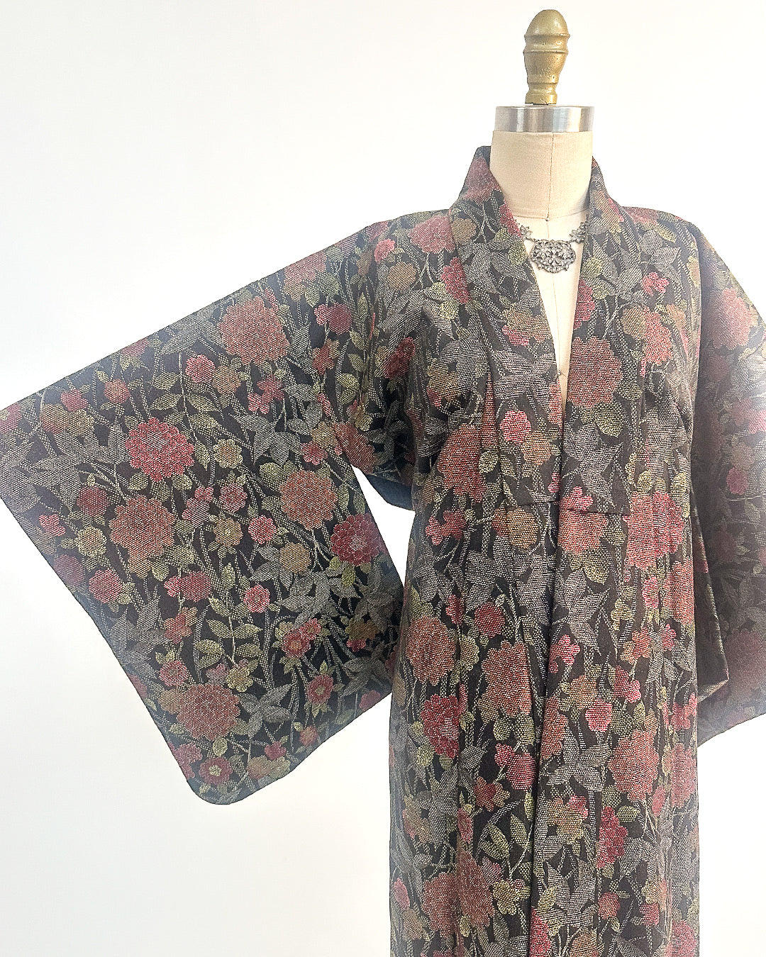 Romantic Vintage Kimono with Fall Leaves and Chrysanthemums / One Size