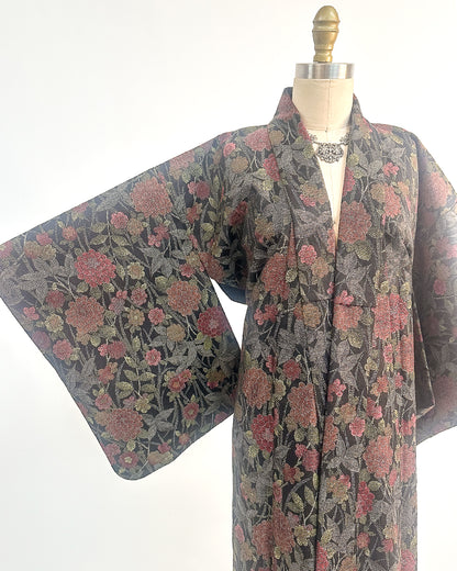 Romantic Vintage Kimono with Fall Leaves and Chrysanthemums / One Size