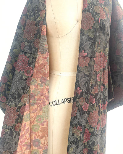 Romantic Vintage Kimono with Fall Leaves and Chrysanthemums / One Size