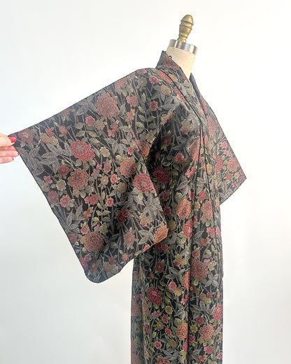 Romantic Vintage Kimono with Fall Leaves and Chrysanthemums / One Size