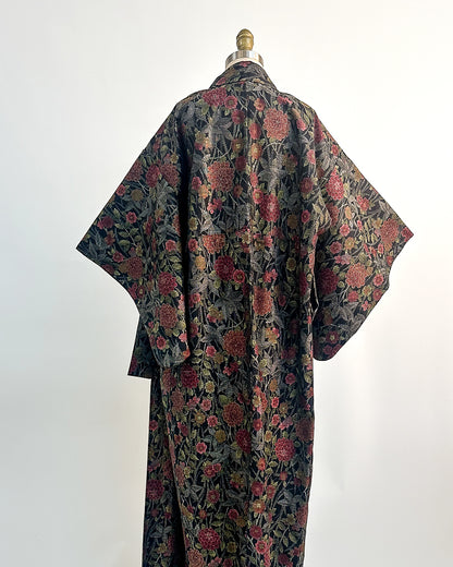 Romantic Vintage Kimono with Fall Leaves and Chrysanthemums / One Size