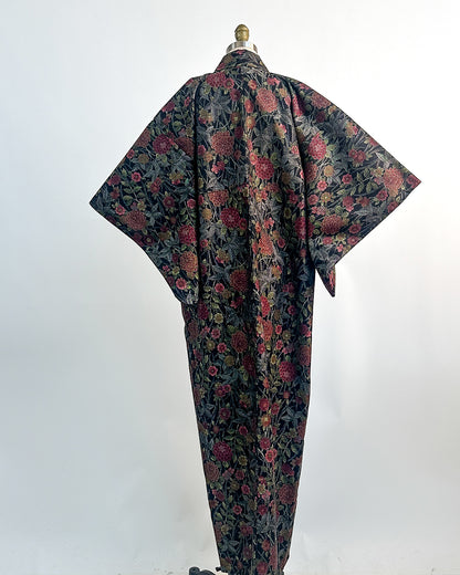 Romantic Vintage Kimono with Fall Leaves and Chrysanthemums / One Size