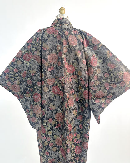 Romantic Vintage Kimono with Fall Leaves and Chrysanthemums / One Size