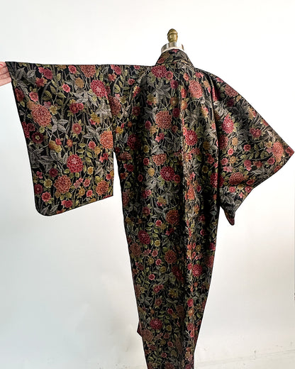 Romantic Vintage Kimono with Fall Leaves and Chrysanthemums / One Size
