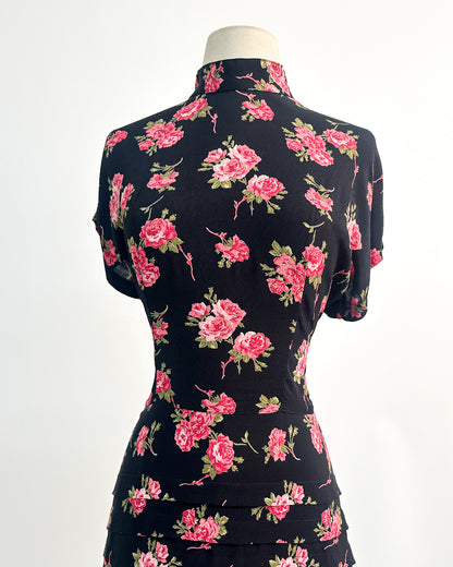 1980s Does 1940s Haunted Rose Garden Dress / Medium