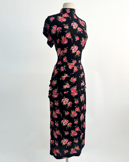 1980s Does 1940s Haunted Rose Garden Dress / Medium