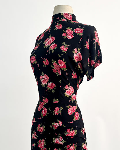 1980s Does 1940s Haunted Rose Garden Dress / Medium