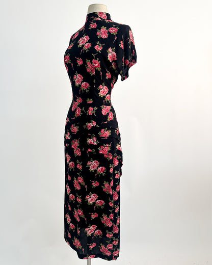 1980s Does 1940s Haunted Rose Garden Dress / Medium