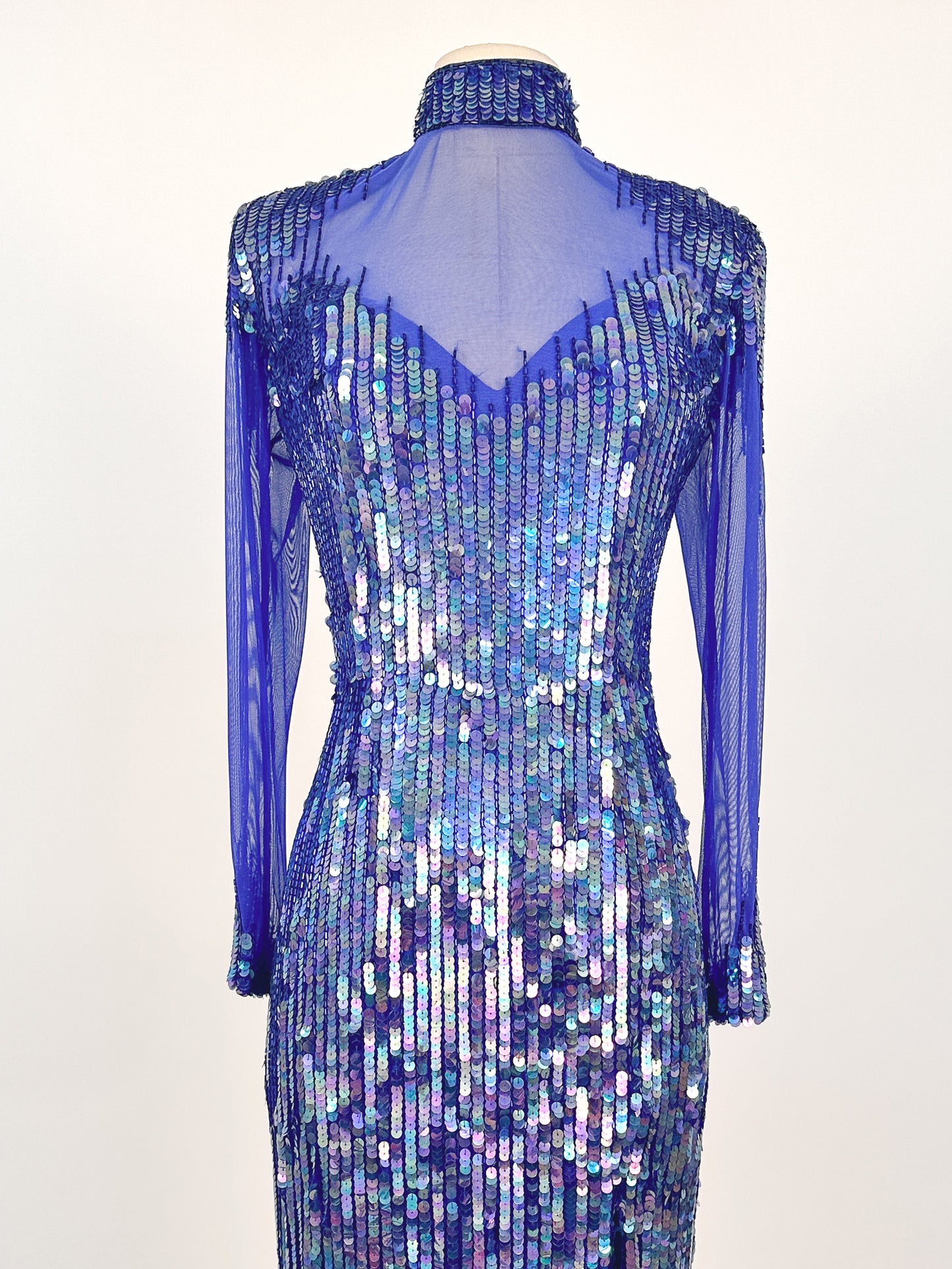 1980s Striking Cobalt and Purple Sequin Gown by Casadei / Waist 30