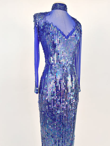 1980s Striking Cobalt and Purple Sequin Gown by Casadei / Waist 30