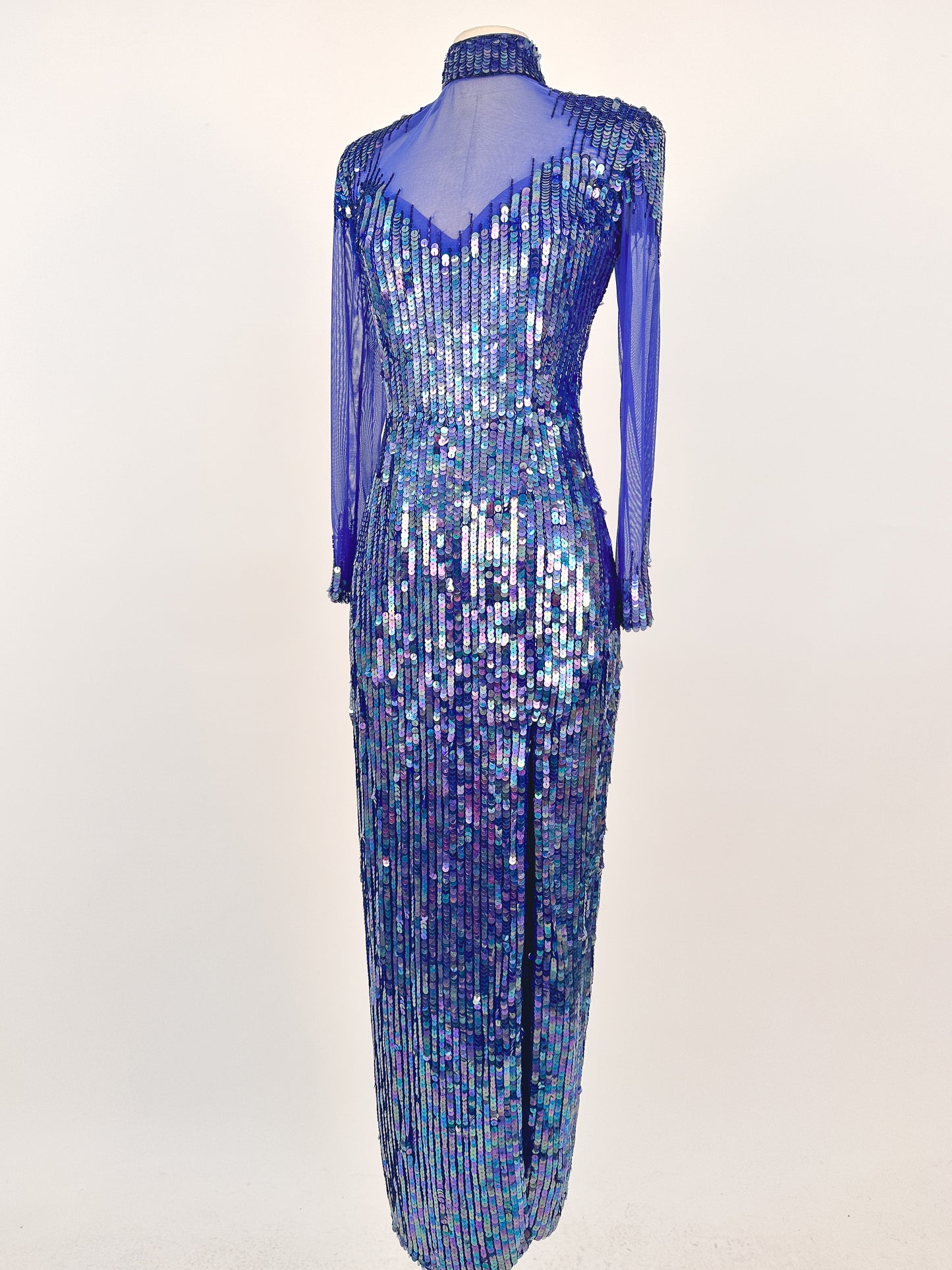 1980s Striking Cobalt and Purple Sequin Gown by Casadei / Waist 30