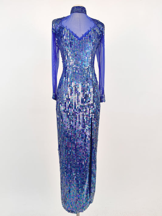 1980s Striking Cobalt and Purple Sequin Gown by Casadei / Waist 30