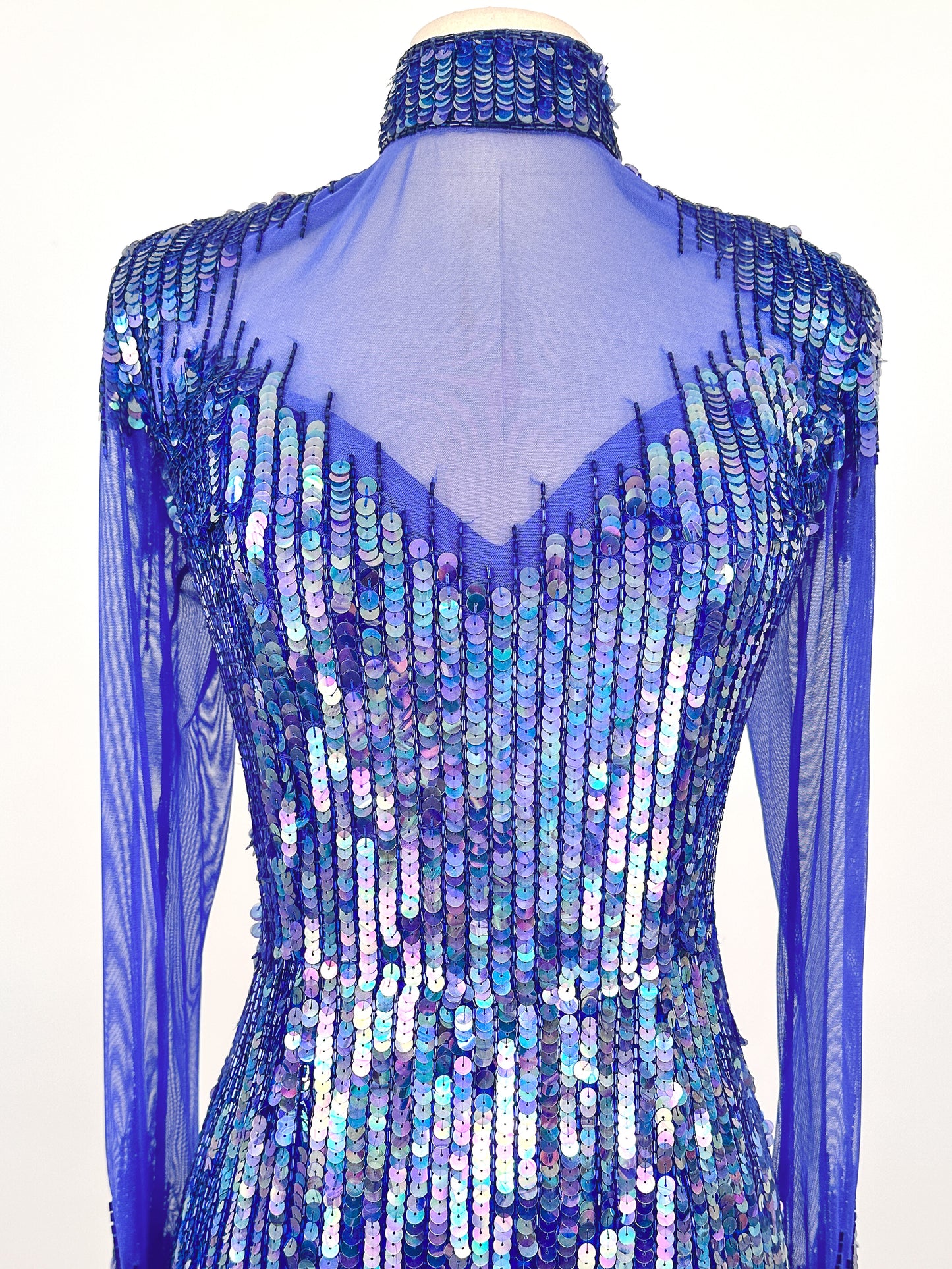 1980s Striking Cobalt and Purple Sequin Gown by Casadei / Waist 30