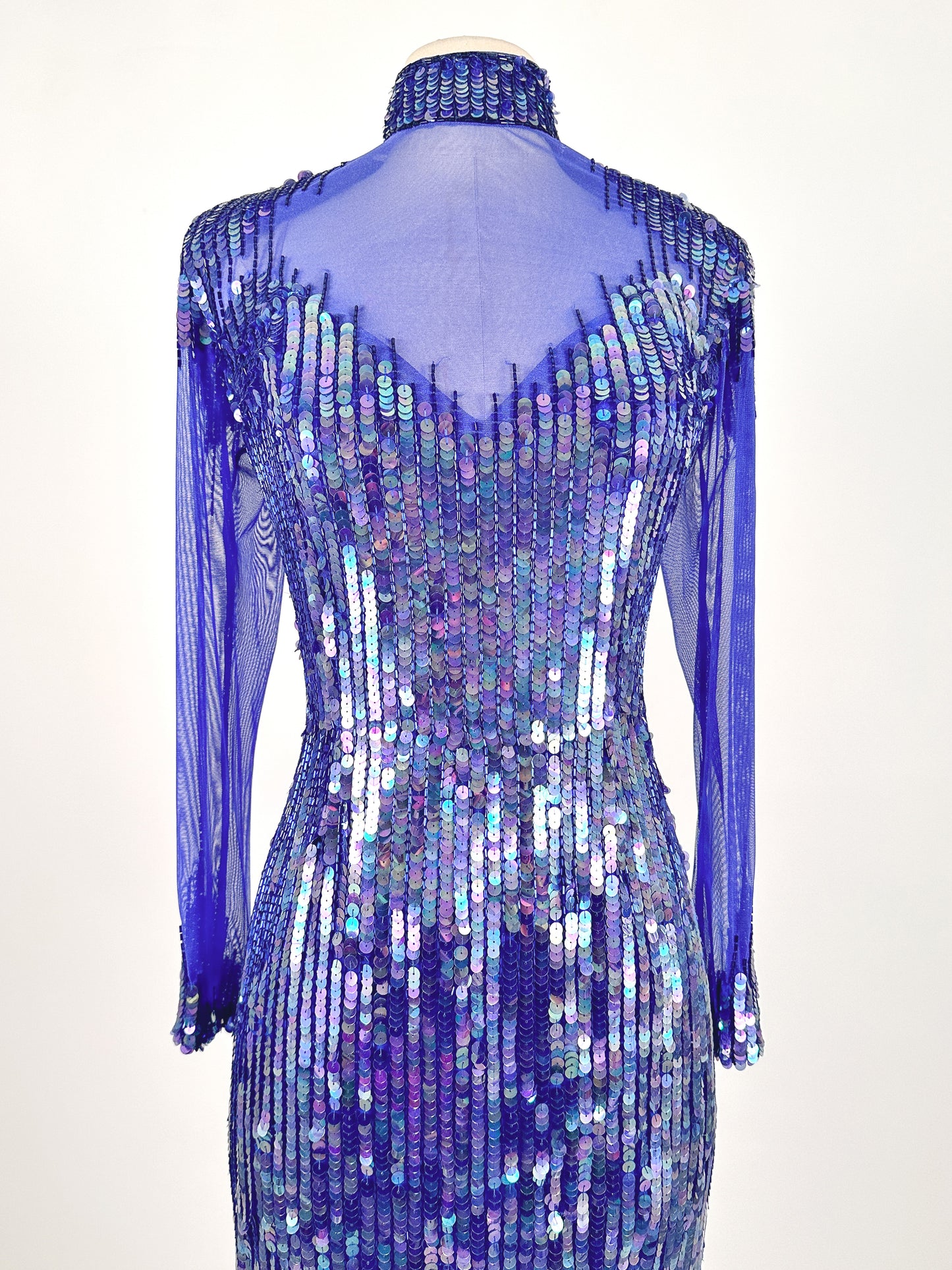 1980s Striking Cobalt and Purple Sequin Gown by Casadei / Waist 30