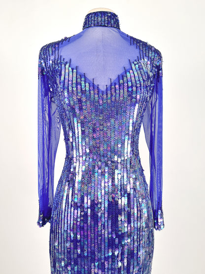 1980s Striking Cobalt and Purple Sequin Gown by Casadei / Waist 30