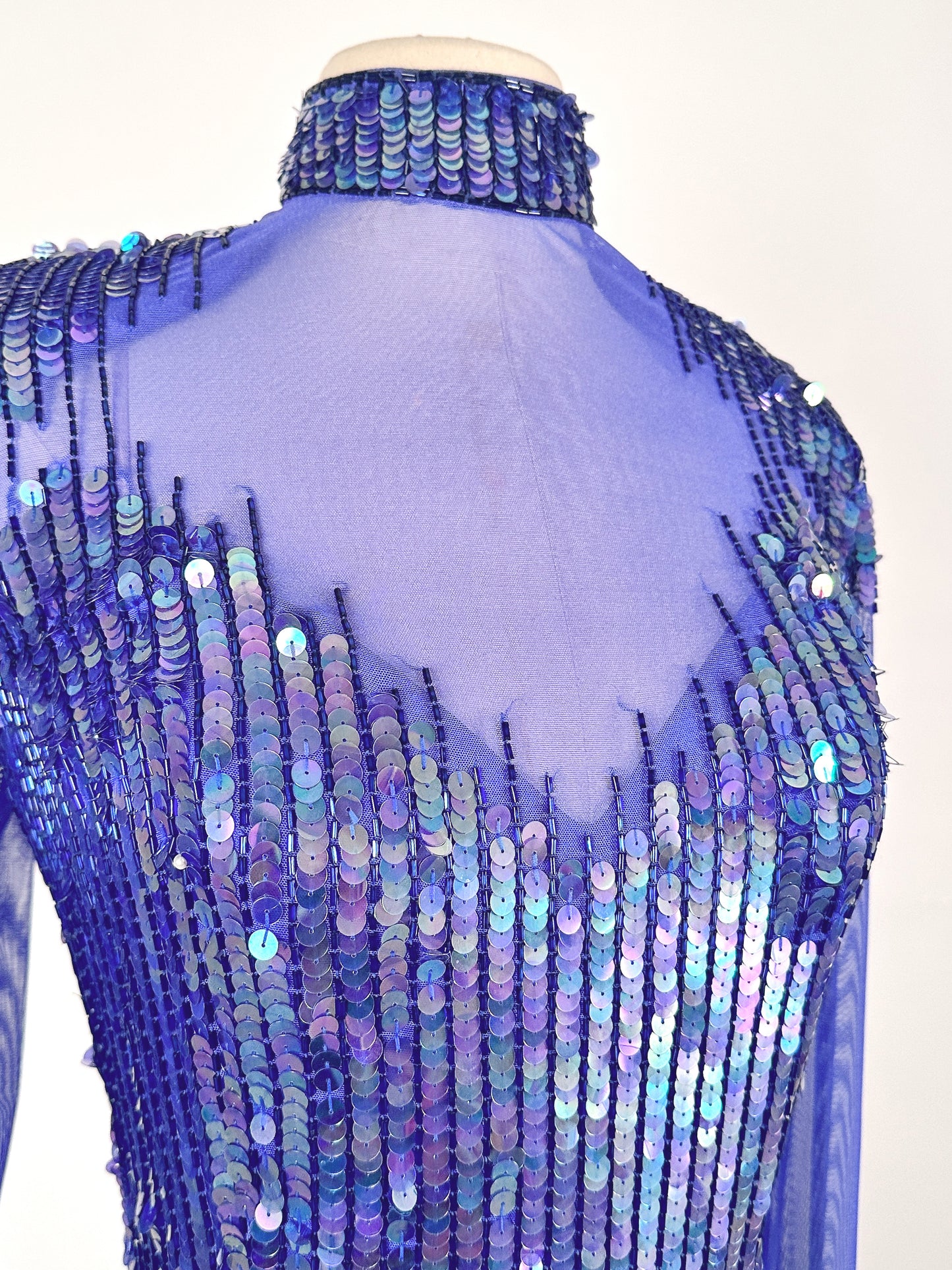 1980s Striking Cobalt and Purple Sequin Gown by Casadei / Waist 30