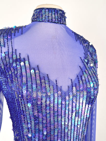 1980s Striking Cobalt and Purple Sequin Gown by Casadei / Waist 30
