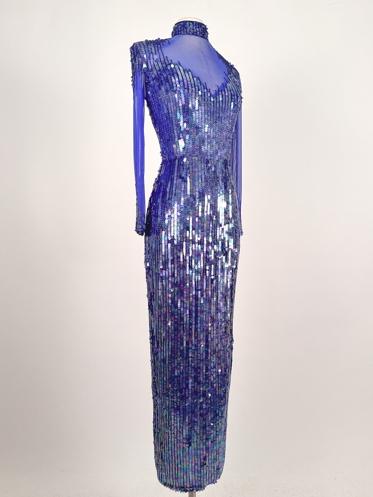 1980s Striking Cobalt and Purple Sequin Gown by Casadei / Waist 30