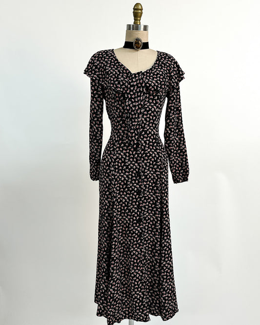 1990s 'The Midnight Roses' Button-up Dress / Medium
