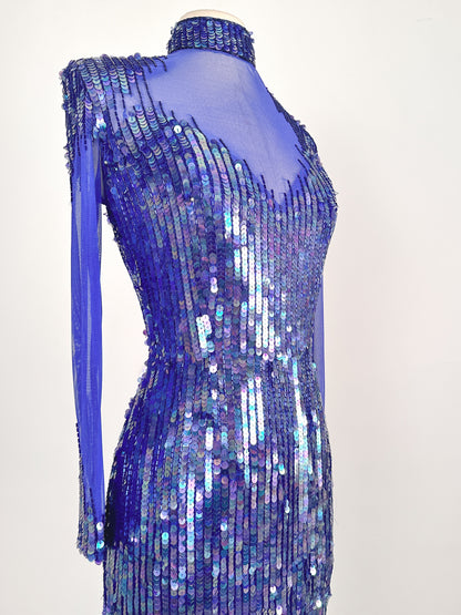 1980s Striking Cobalt and Purple Sequin Gown by Casadei / Waist 30