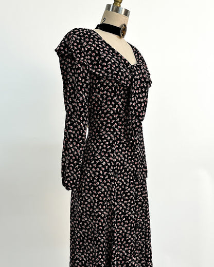 1990s 'The Midnight Roses' Button-up Dress / Medium