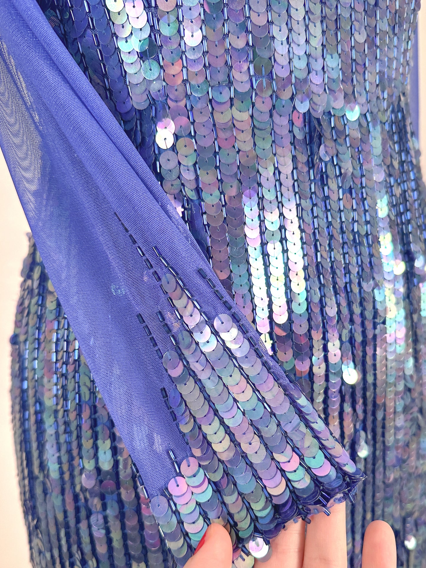 1980s Striking Cobalt and Purple Sequin Gown by Casadei / Waist 30