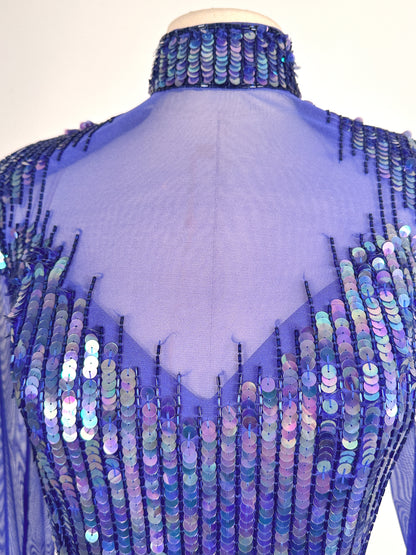 1980s Striking Cobalt and Purple Sequin Gown by Casadei / Waist 30