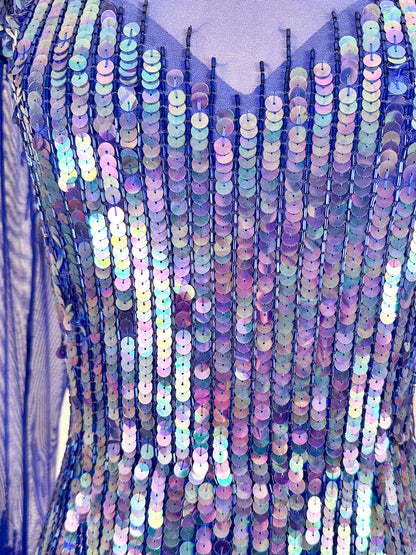 1980s Striking Cobalt and Purple Sequin Gown by Casadei / Waist 30